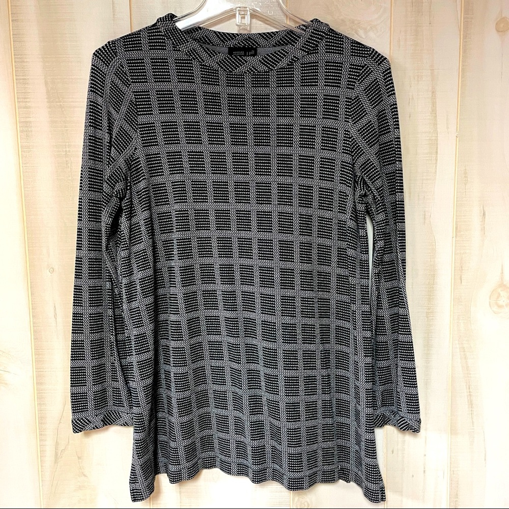 J. Jill Gray and Black Grid Windowpane Long Sleeve Tunic Top Sz XS Side Slits